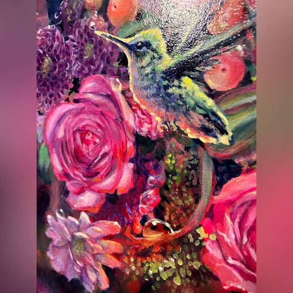Original hummingbird floral painting bumblebee ladybug bouquet flowers gift USA - Picture 3 of 8